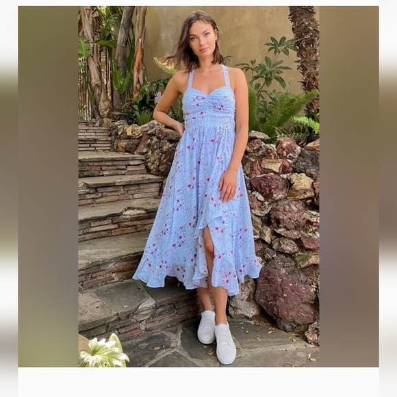 Lulus Afternoon Romance Dusty Blue Floral Print Ruffled Midi Dress Sz XL - Picture 5 of 15